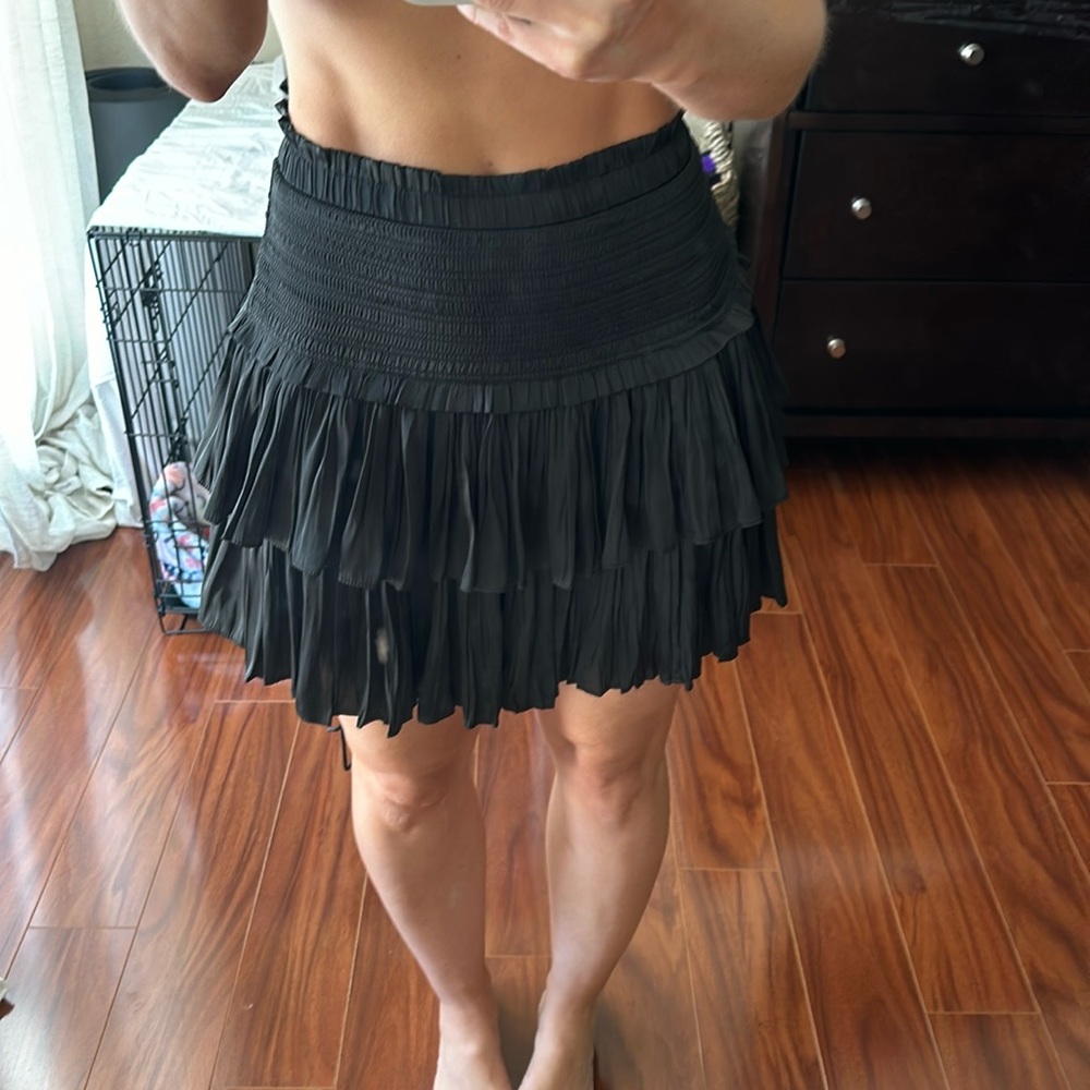 Black silk smocked tiered skirt